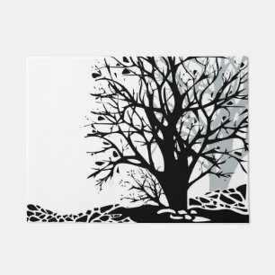 Abstract modern black tree silhouette shadow white doormat