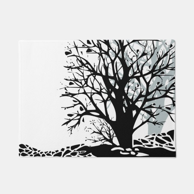 Abstract modern black tree silhouette shadow white doormat (Front)