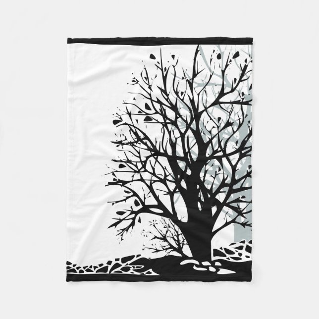 Abstract modern black tree silhouette shadow white fleece blanket (Front)