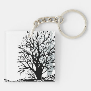 Abstract modern black tree silhouette shadow white key ring