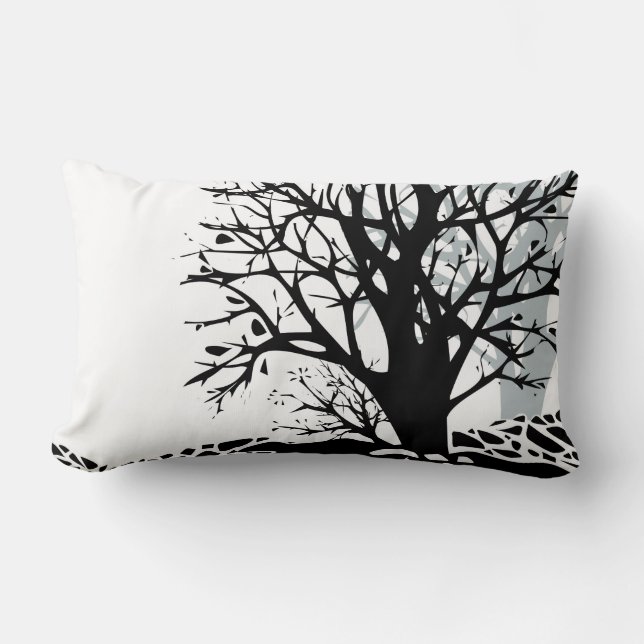 Abstract modern black tree silhouette shadow white lumbar cushion (Front)