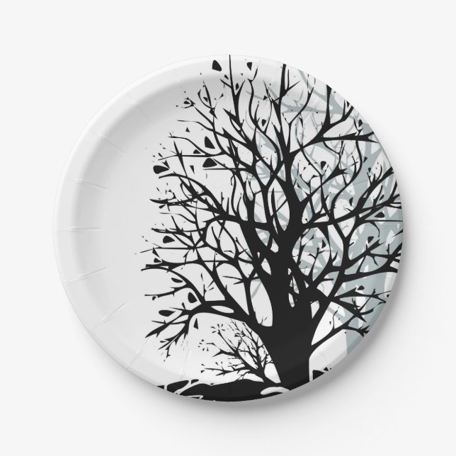 Abstract modern black tree silhouette shadow white paper plate (Front)