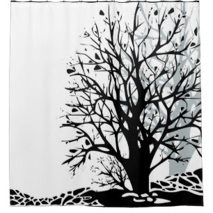 Abstract modern black tree silhouette shadow white shower curtain