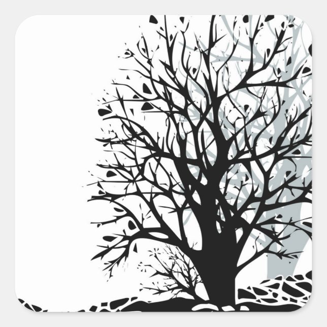 Abstract modern black tree silhouette shadow white square sticker (Front)