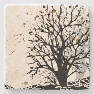 Abstract modern black tree silhouette shadow white stone coaster
