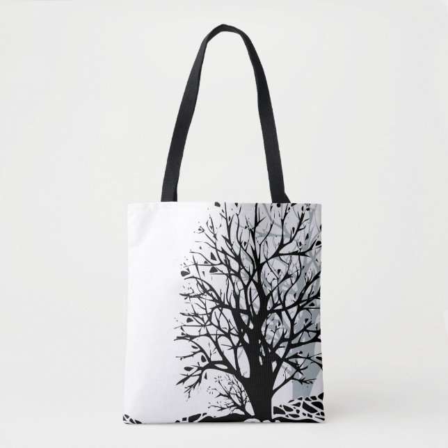 Abstract modern black tree silhouette shadow white tote bag (Front)