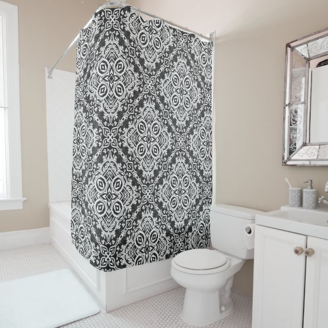 Abstract modern black white ornament decor mosaic shower curtain (In Situ)