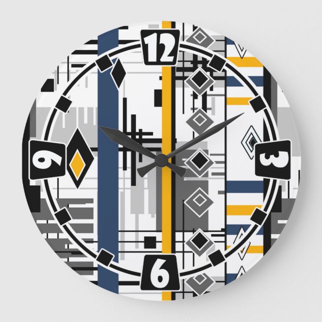 Abstract modern black white yellow ornament geo large clock (Front)