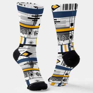 Abstract modern black white yellow ornament geo socks