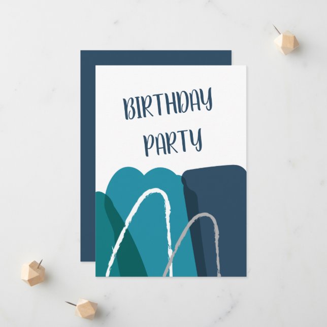Abstract Modern Blue Birthday Invitation  (Front/Back In Situ)