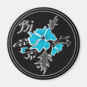 Abstract modern blue flower grey black leaves prin magnet
