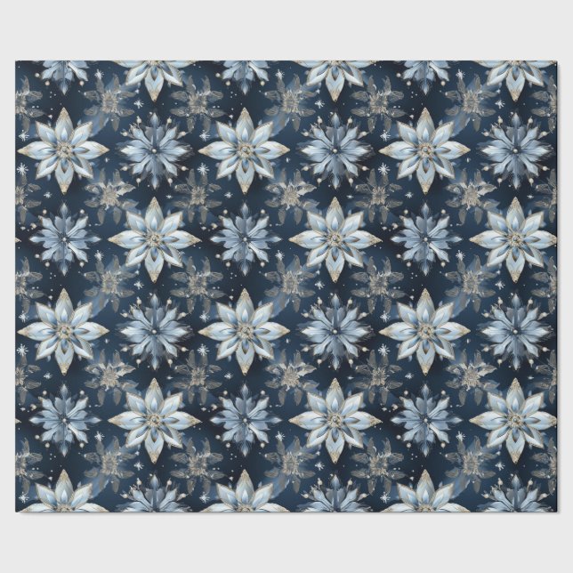 Abstract Modern Blue Jewelled Poinsettias Wrapping Paper (Seam)