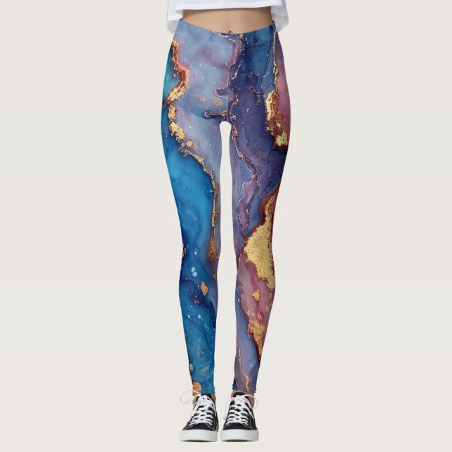 Abstract Modern Blue Purple Gold Chic Trendy Leggings (Front)