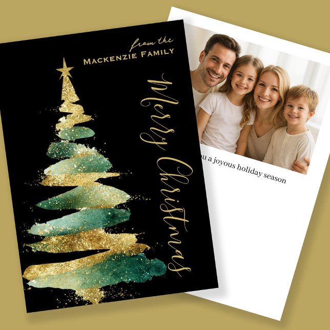 Abstract Modern Christmas Tree Photo Personalized Holiday Card (Abstract Modern Christmas Tree Photo Personalized Holiday Card by Ricaso in gold and green)