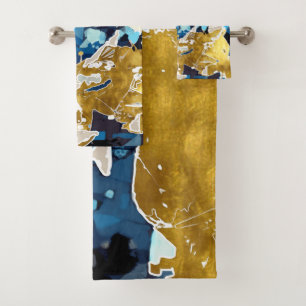Abstract, modern, collage, gold, navy blue bath towel set