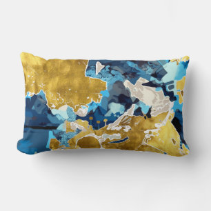 Abstract, modern, collage, gold, navy blue lumbar cushion