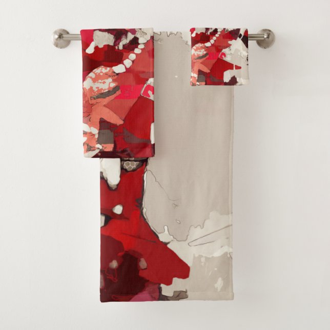 Abstract, modern, collage, red, beige, burgundy bath towel set (Insitu)
