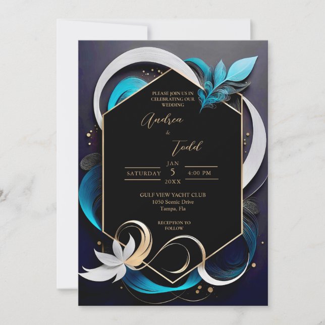 Abstract modern elegant teal, white, gold wedding invitation (Front)