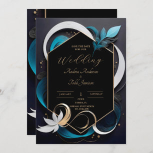 Abstract modern elegant teal, white, gold wedding save the date