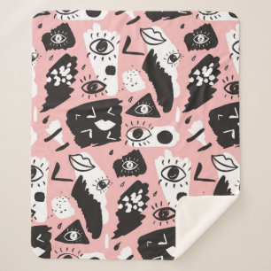 Abstract Modern Eye & Lips Pattern Sherpa Blanket