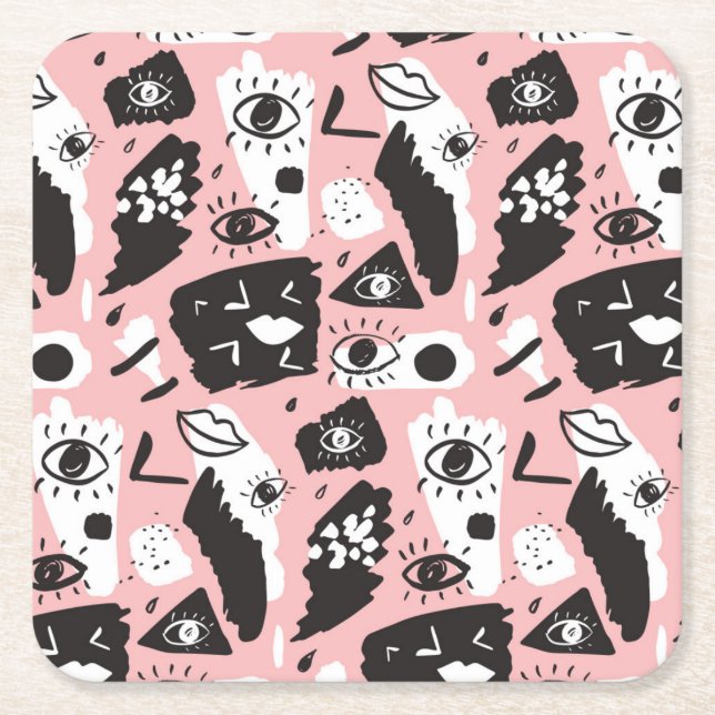 Abstract Modern Eye & Lips Pattern Square Paper Coaster (Front)