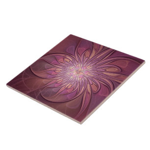 Abstract Modern Floral Fractal Art Berry Colours Ceramic Tile
