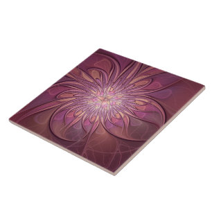 Abstract Modern Floral Fractal Art Berry Colours Ceramic Tile