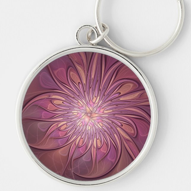 Abstract Modern Floral Fractal Art Berry Colours Key Ring (Front)