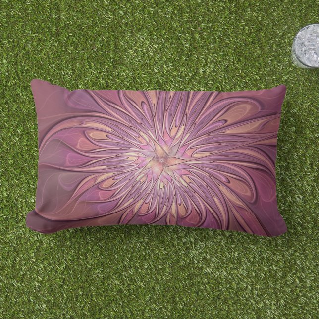 Abstract Modern Floral Fractal Art Berry Colours Lumbar Cushion (Grass)