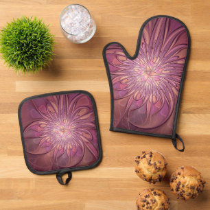 Abstract Modern Floral Fractal Art Berry Colours Oven Mitt & Pot Holder Set