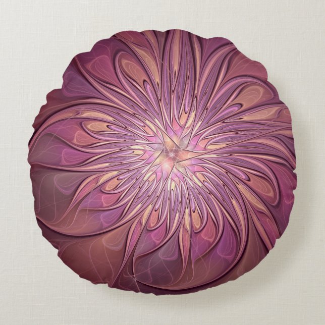 Abstract Modern Floral Fractal Art Berry Colours Round Cushion (Front)