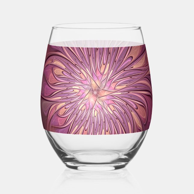 Abstract Modern Floral Fractal Art Berry Colours Stemless Wine Glass (Front)