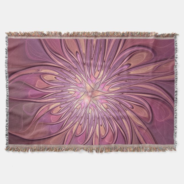 Abstract Modern Floral Fractal Art Berry Colours Throw Blanket (Front)