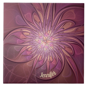 Abstract Modern Floral Fractal Berry Colours Name Ceramic Tile