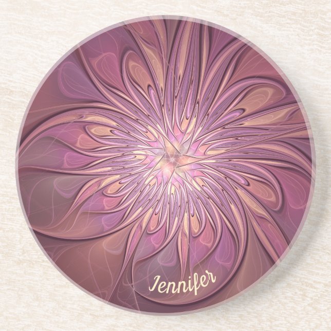 Abstract Modern Floral Fractal Berry Colours Name Coaster (Front)