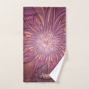 Abstract Modern Floral Fractal Berry Colours Name Hand Towel