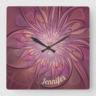 Abstract Modern Floral Fractal Berry Colours Name Square Wall Clock