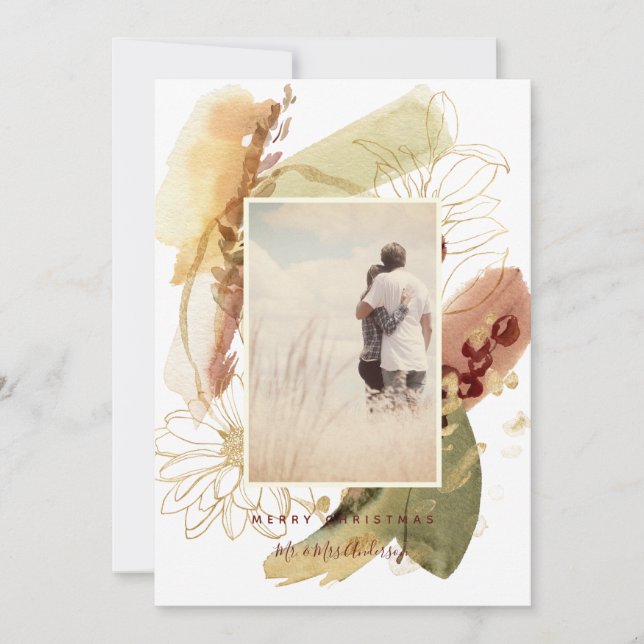 Abstract Modern Floral Merry Christmas Couple Card (Front)