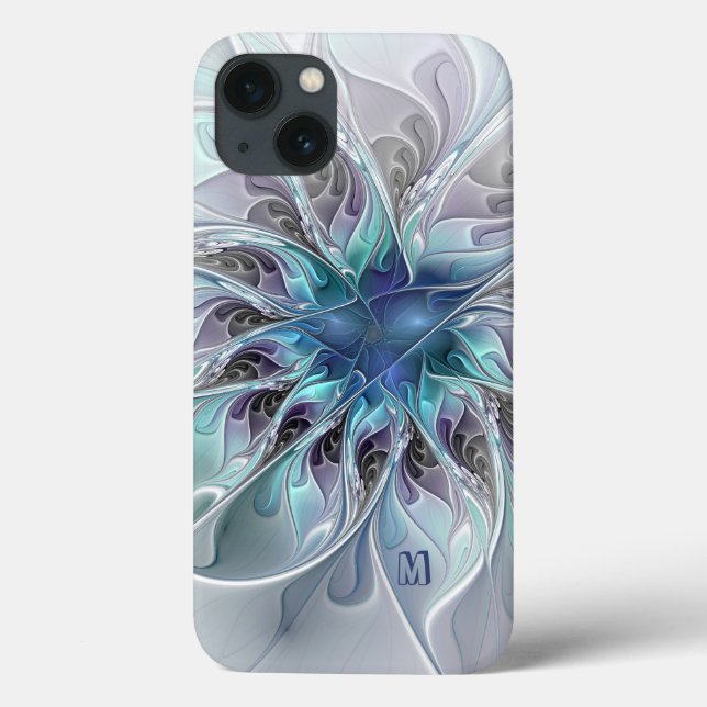 Abstract Modern Fractal Flower With Blue Monogram Case-Mate iPhone Case (Back)