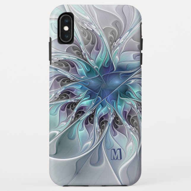 Abstract Modern Fractal Flower With Blue Monogram Case-Mate iPhone Case (Back)
