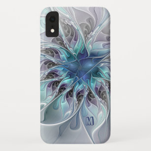 Abstract Modern Fractal Flower With Blue Monogram iPhone XR Case