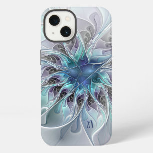 Abstract Modern Fractal Flower With Blue Monogram iPhone 13 Case
