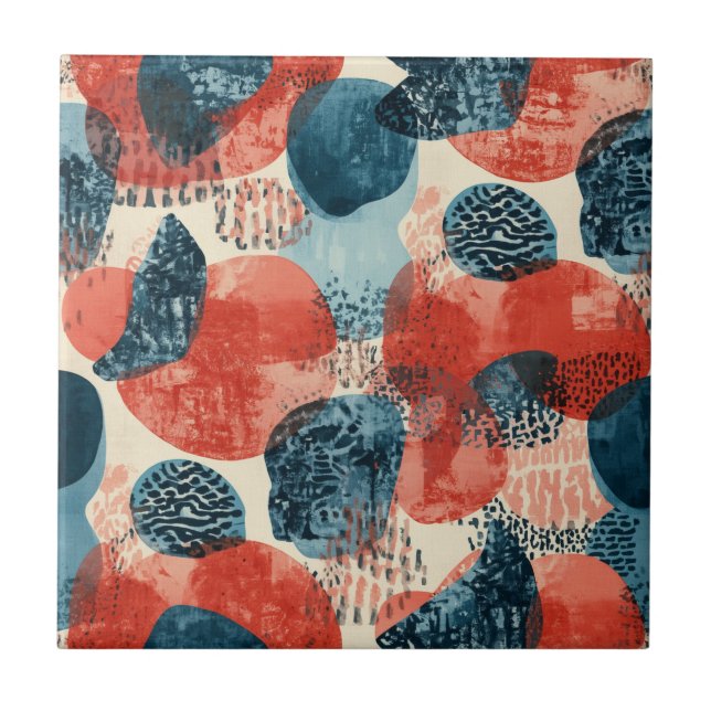 abstract modern geometric Coral and Blue Ceramic Tile (Front)