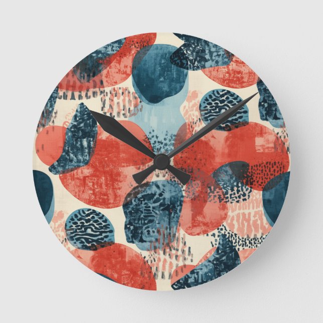 abstract modern geometric Coral and Blue Round Clock (Front)