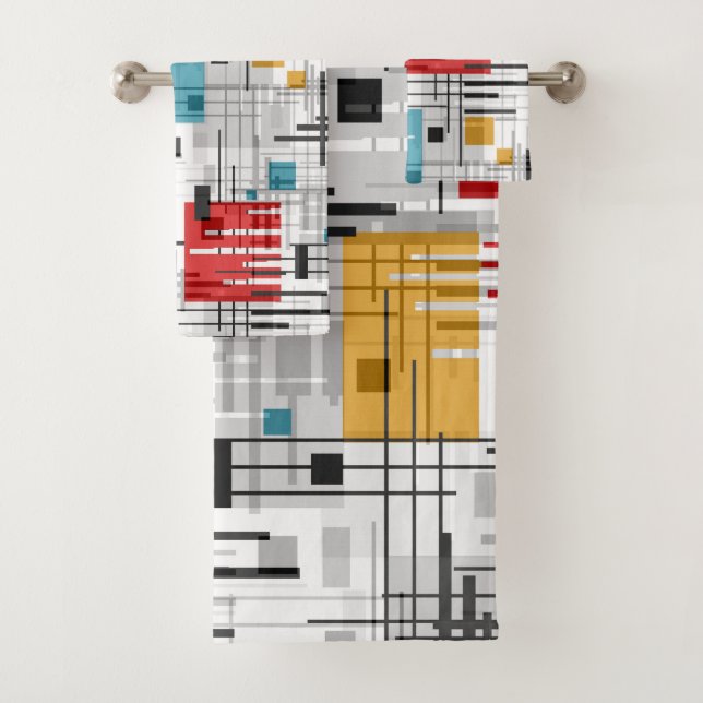 Abstract modern geometric shapes striped lined rec bath towel set (Insitu)