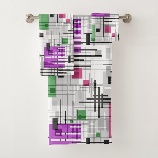 Abstract modern geometric shapes striped lined rec bath towel set (Insitu)