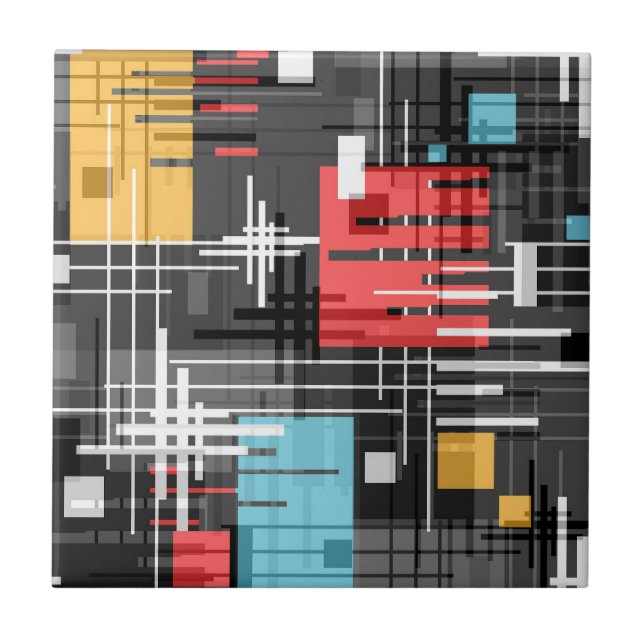 Abstract modern geometric shapes striped lined rec ceramic tile (Front)