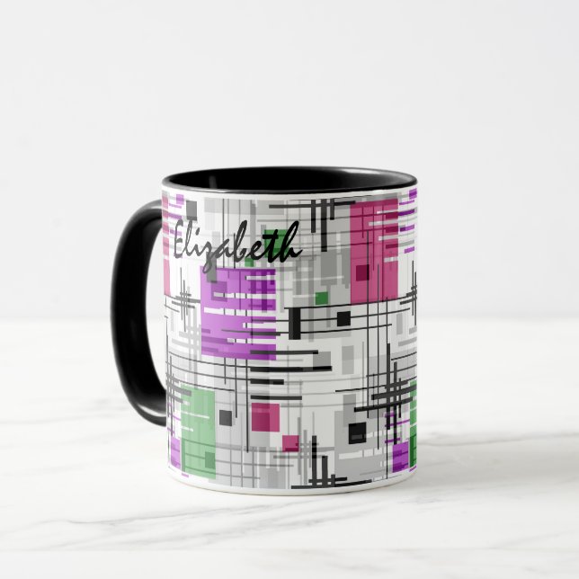 Abstract modern geometric shapes striped lined rec mug (Front Left)