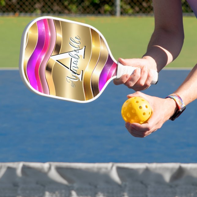Abstract Modern Gold Silver & Pink Waves Pickleball Paddle (Insitu)