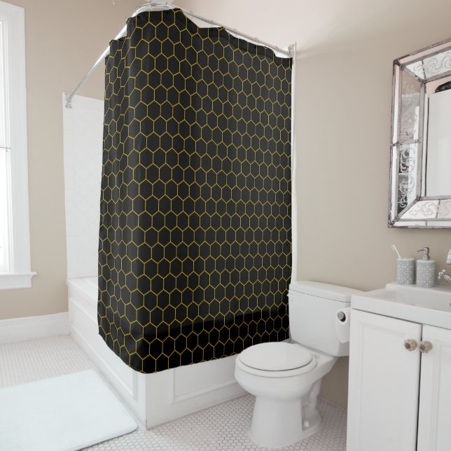     Abstract Modern honeycomb pattern black yellow Shower Curtain (In Situ)